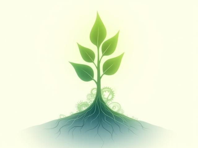 Abstract illustration of a flowering plant growing from gears, symbolizing innovation and growth